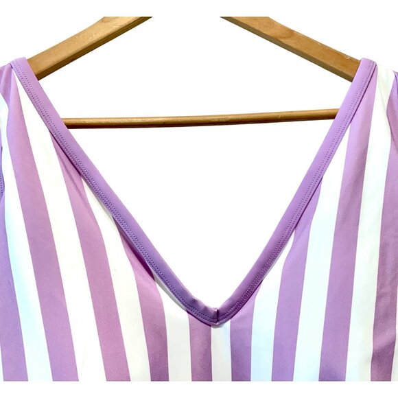 Kona Sol Plus One Piece Purple Stripe Print V-Neck High Leg Swim Suit 20W Plus - Picture 3 of 10